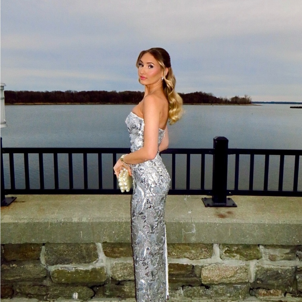 HELSI Silver Strapless Evening Gown